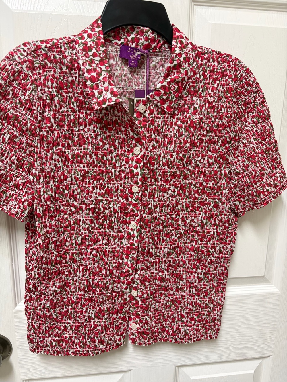 J. Crew Liberty Red and White Floral Smocked Short-Sleeve Button-Up Shirt